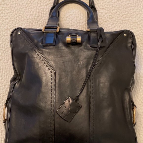 YVES SAINT LAURENT - Y Leather Tote (Black w/ Brass Accents) - Picture 1 of 10